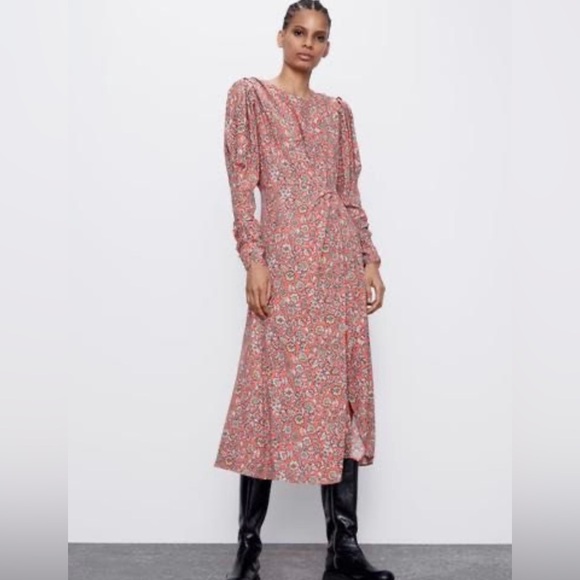 ZARA Floral Printed Long Puff Ruched Sleeve Draped‎ Midi Dress Size Small - Picture 6 of 16